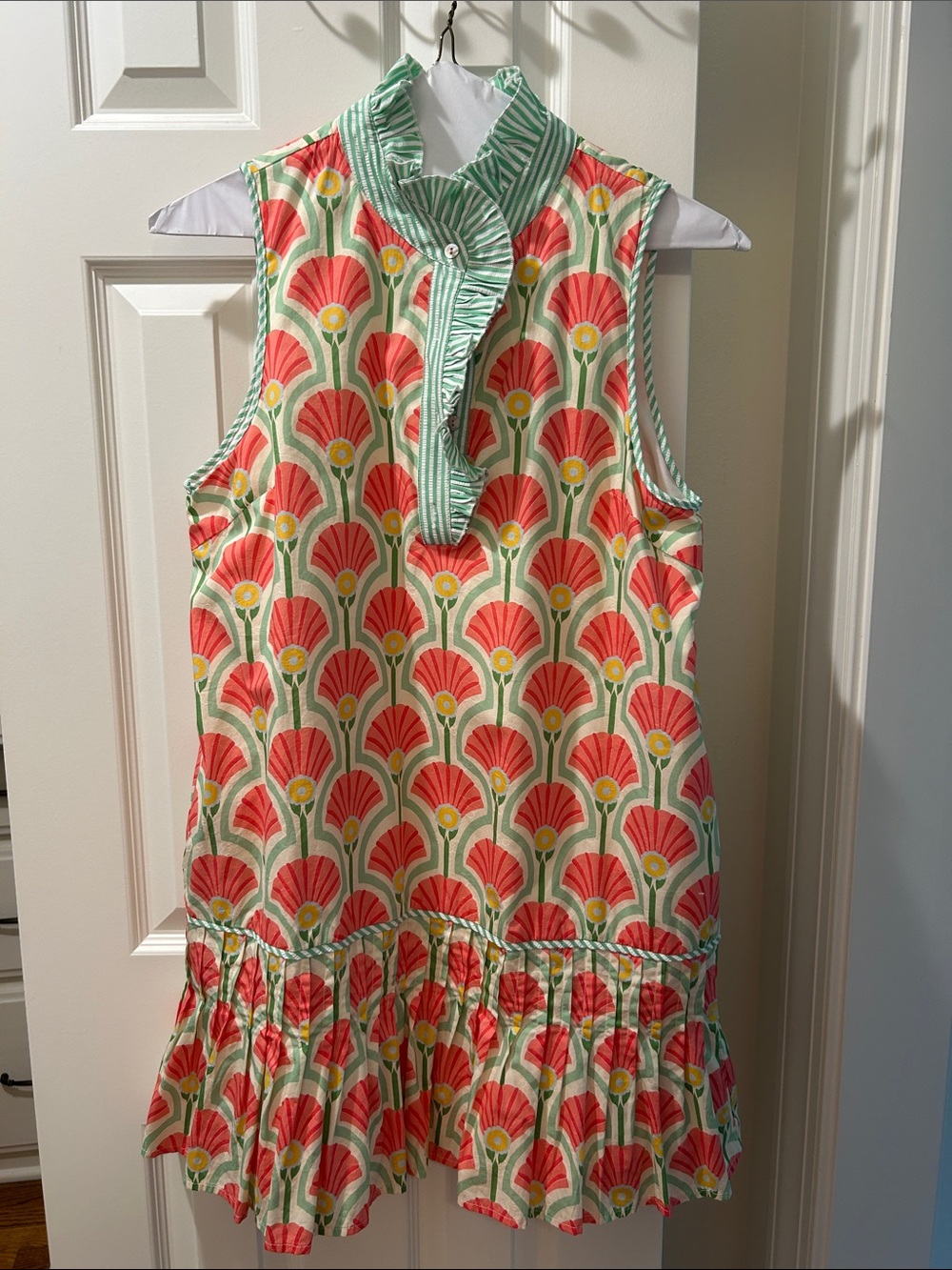 Sleeveless Coral Floral Print Casual Dress with Green Trim